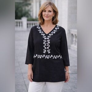 SAG HARBOR LINEN blend shirt 3/4 sleeves detailed embroidery design plus size 1X